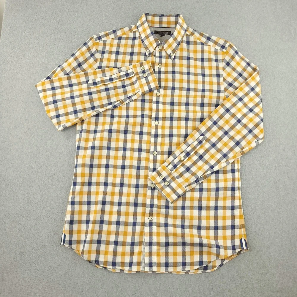 Banana Republic Oxford Dress Shirt Mens L Yellow Blue Gingham Slim Fit Non Iron